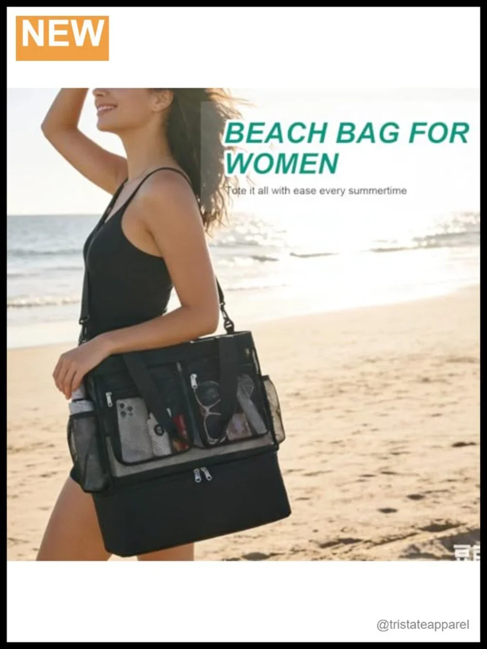 Large Mesh Beach Tote with Insulated Cooler, Multi-Pocket Bag